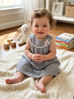VTG Barbara Farber European Baby Dress Grey Micro Dot Trim & Pink Bow 3Months